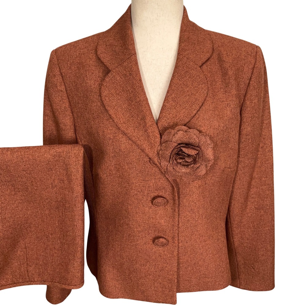 Le Suit Petite Skirt Set Women 14P Orange Multi Herringbone Corporate Career